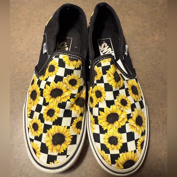 Vans Black and White Sunflower Slip-Ons - Picture 1 of 6